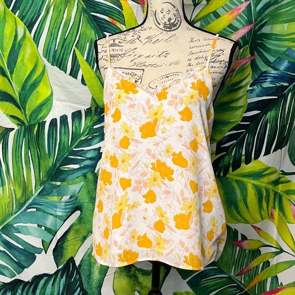 Loft XS White Orange Floral Line V Neck Camisole Office Preppy Summer Tank Top - Picture 1 of 7